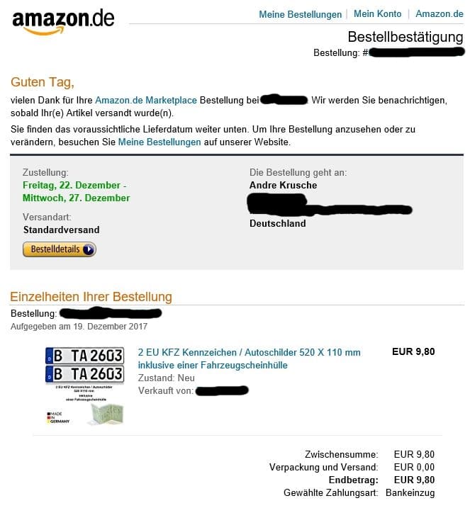Kennzeichen online bestellen bei Amazon